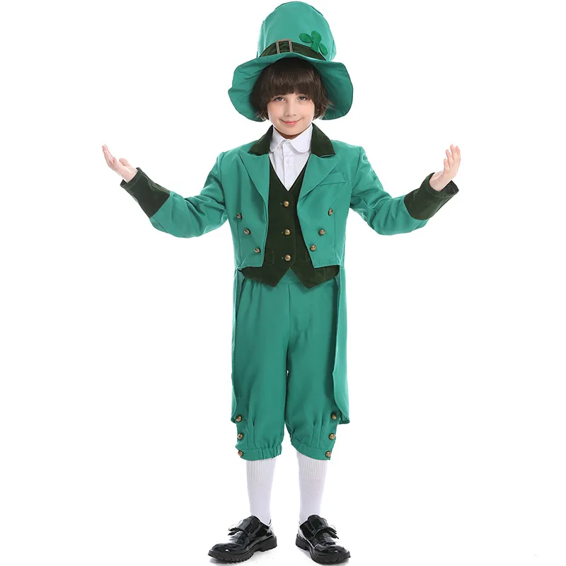 Детский день Святого фокуса Ирландия Leprechaun костюм для мальчиков косплея Зеленый