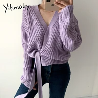 yitimoky women sweater oversized cardigan 2021 fall long sleeve coarse yam knitted solid plus size clothes v neck casual lace up