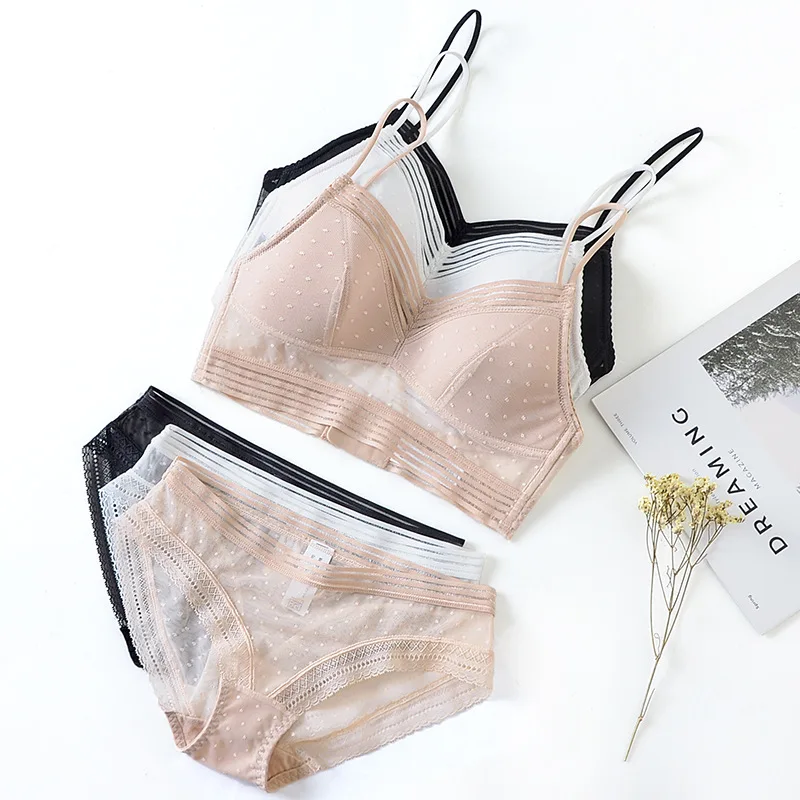 

Sexy Women Lace Bra Sets Seamless Underwear Dots Backless Vest Bralette Lingerie Ultrathin Bra & Brief Sets Female Intimates