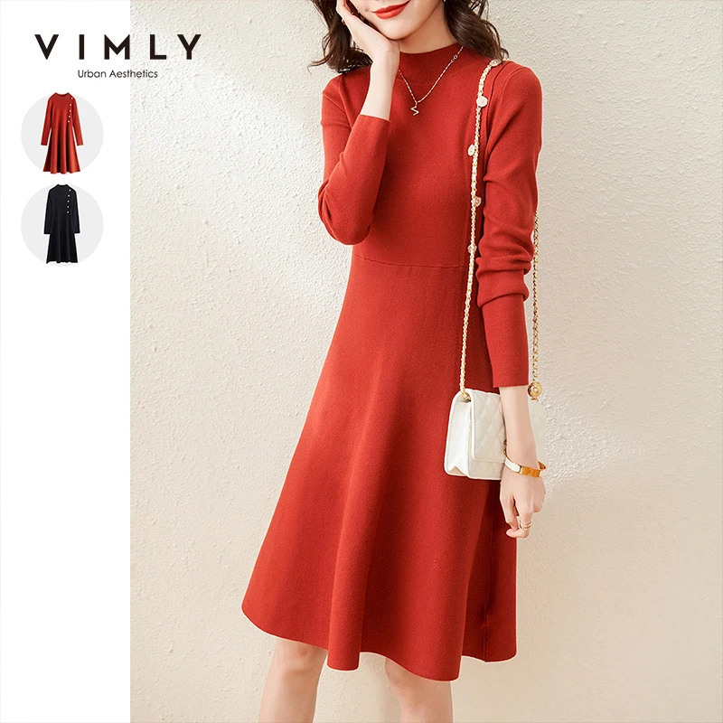 Vimly Autumn Winter Long Sleeve Sweater Dresses For Women 2021 Korean Fashion A-line Slim Knitted Dress Female Clothing F8378