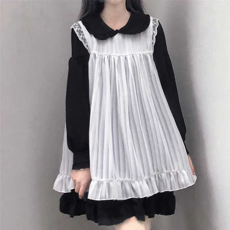 

Japanese Sweet Lolita Cute Dresses Women Princess Maid Ruffles Long Sleeve Dress First Love Girl Blue Black Pink Dress Vestidos