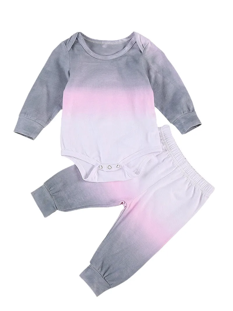 

2PCS Unisex Baby Fall Outfits, Long Sleeve Gradient Print Bodysuit + Elastic Waist Pants Set