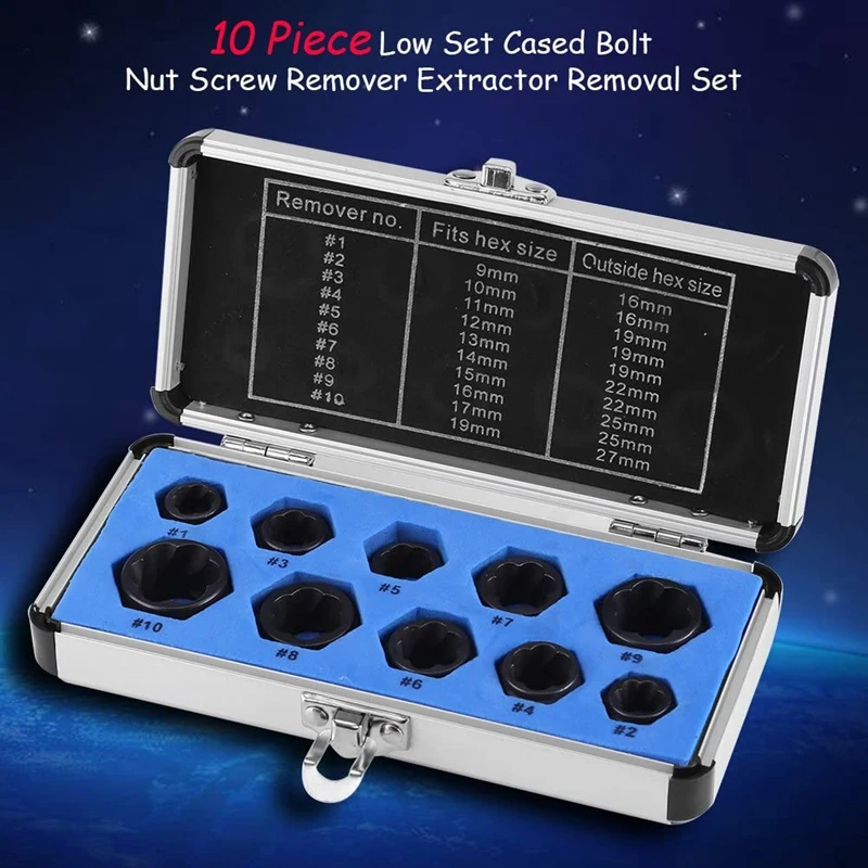 

10Pcs Drive Socket 9-19mm Damaged Nut Stud Extractor Bolt Remover Locking Set Threading Tools Kit