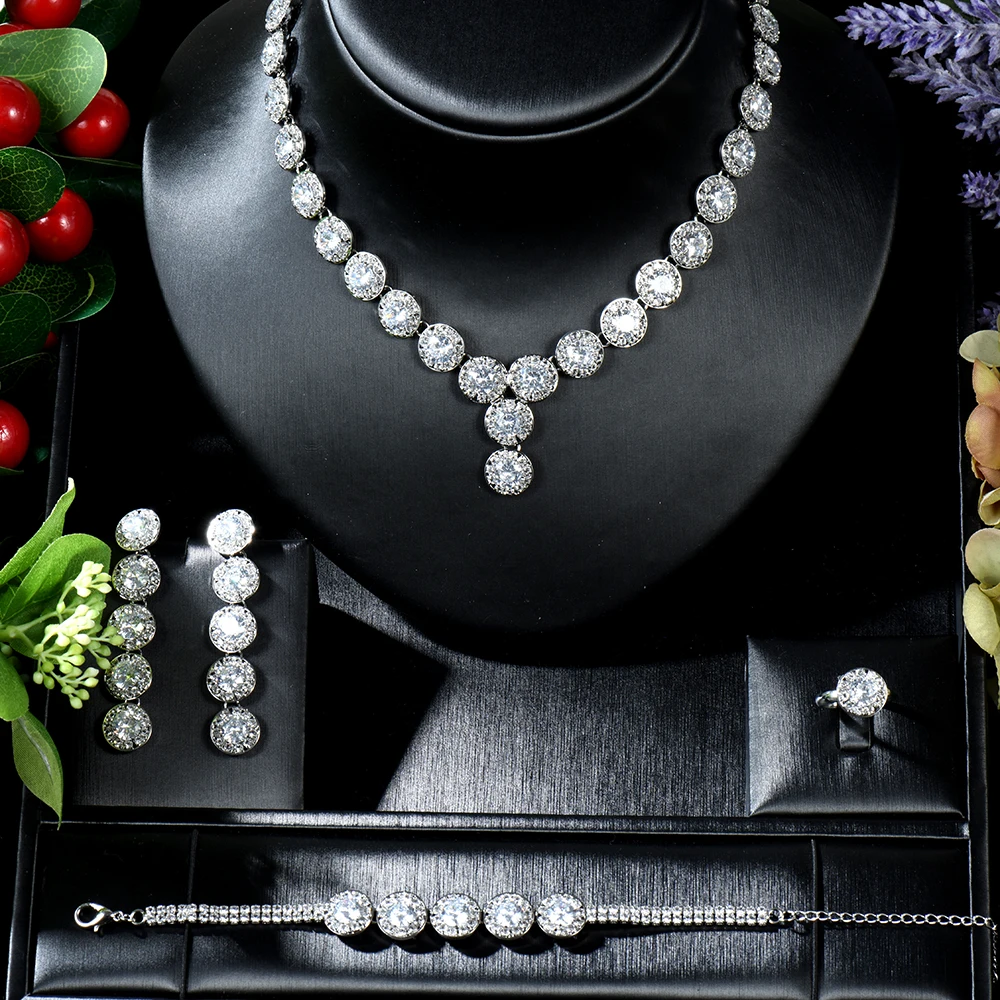 

Роскошный свадебный комплект женских ювелирных изделий из фианита, ожерелье и серьги-подвески