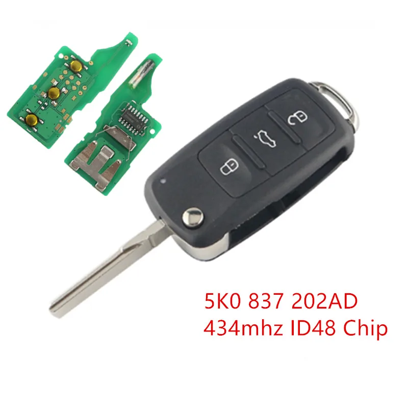 3 кнопки дистанционного флипа ключа 5KO-837-202AD 433 ID48 чип для VW Volkswagen Beetle Caddy Eos Golf Jetta Polo