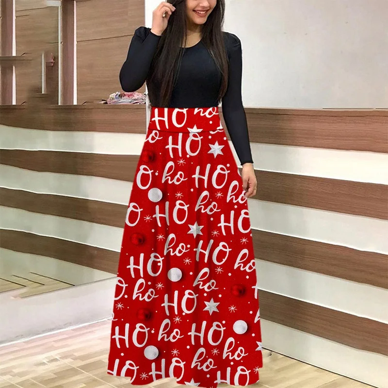 

Women Christmas Dress Autumn Long Sleeve Patchwork Loose Maxi Dresses Fashion Letter Snowflake Printed Boho Long Dress Vestidos