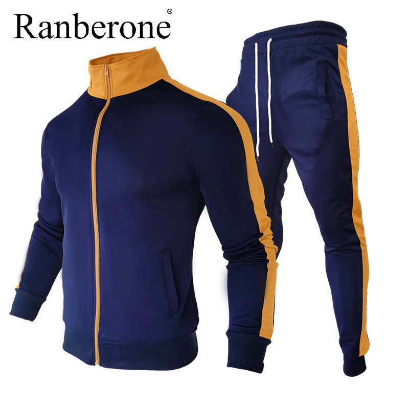 Ranberone 2 Piece Tracksuit Men Stand Up Collar Sweater Matching Jackets + Stripe Slim Casual Legging Sports Men's Sportswear