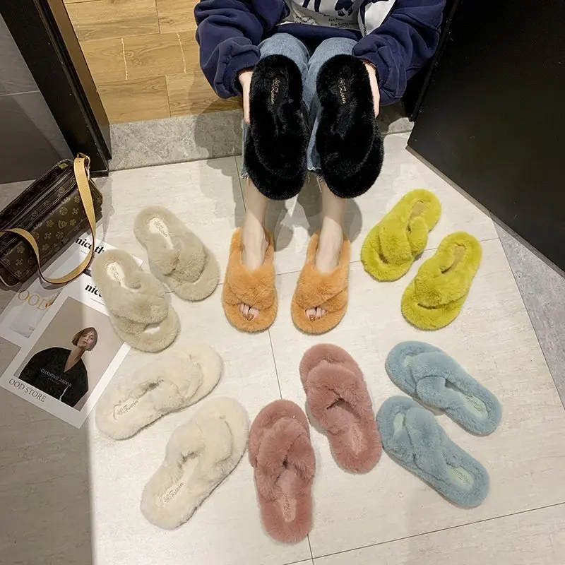 Меховые тапочки Новинка 2021 года Сезон осень Повседневная обувь на плоской