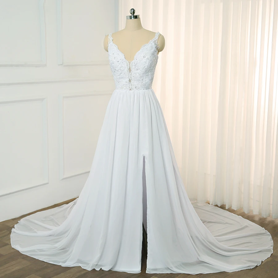 

Sexy V-neck Sleeveless Wedding Dress Side Slit Beading Applique Chiffon A-line Bridal Gown Detachable Train Bride Dresses