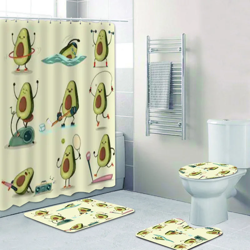 

Funny Cartoon Exercise Avocado Bathroom Curtain Set Fitness Workout Avocado Shower Curtain for Bathtub Toilet Bath Rug Mat Decor