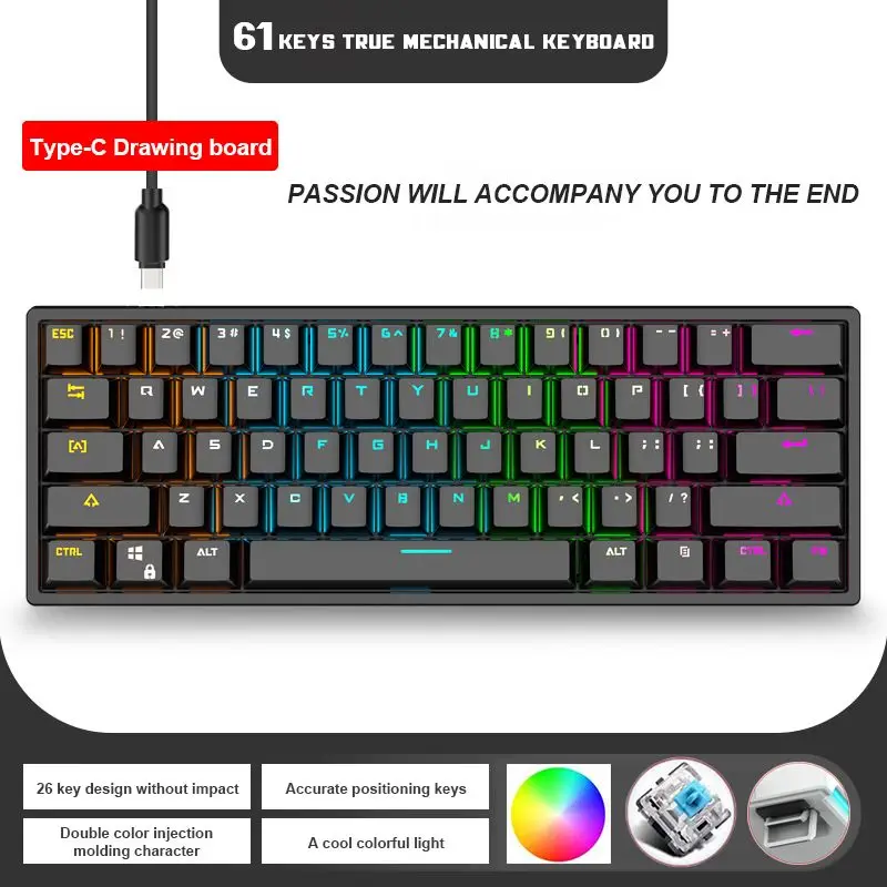

Клавиатура Механическая Проводная с RGB-подсветкой, 61 клавиша, два цвета