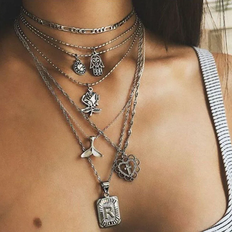 

HebeDeer Heart Cross Necklaces Jewelry Initial Lovers Trendy Girl Silver Color Vintage Necklace Chain Women Rose Collares