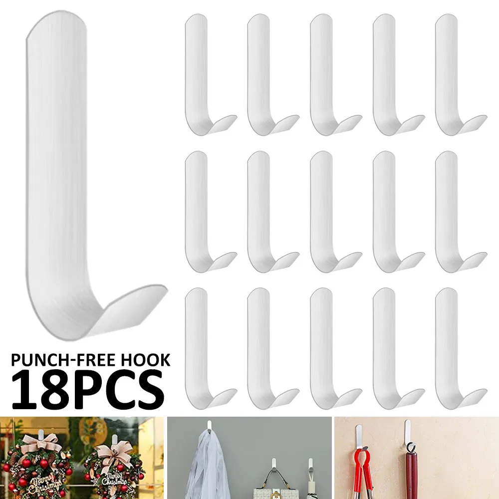 

18 pcs Stainless Steel Hooks Strong Self Adhesive Wall Hooks Self-Adhesive Towel Racks For Kitchen Bathroom Office Accessories