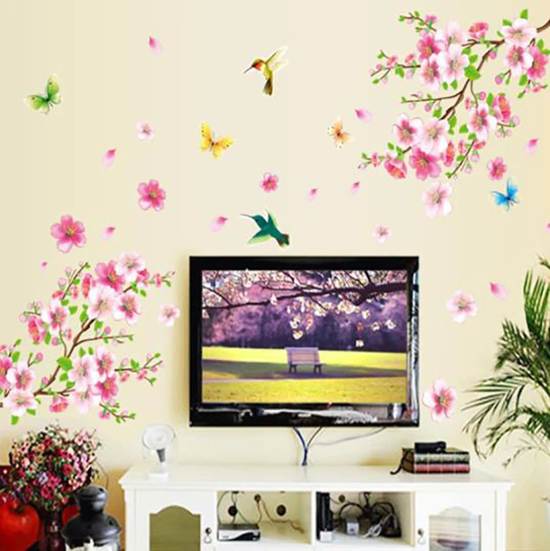 

DIY Chinese style Peach Flowers wall sticker Vinyl Art Painting Birds Characters Living Room Bedroom Decoration Poster Decals