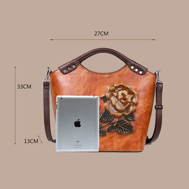 

Johnature Retro Women Shoulder & Crossbody Bags Bucket Bag 2021 New Genuine Leather Rose Embossed Leisure Luxury Handbags