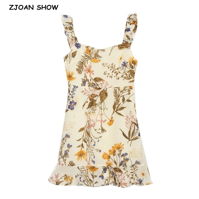 

French Style Summer Vintage Yellow Brown Floral Print Women Dress Chic Tank Mini Vestidos Slim Wood Ears Ruffles Sling Dresses