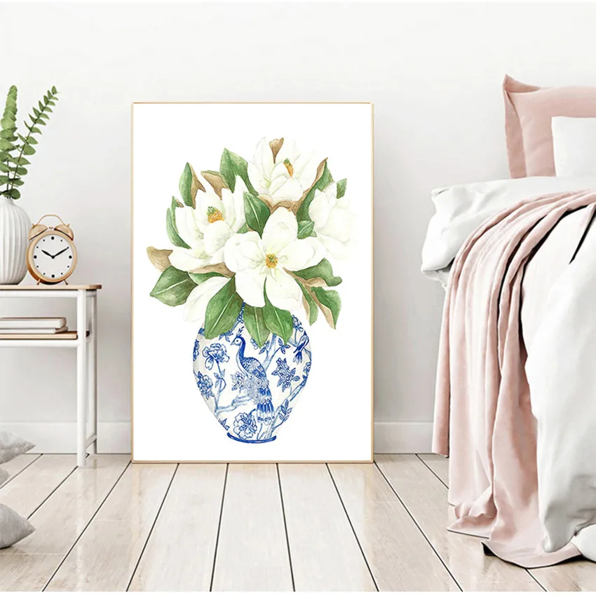 Модный настенный плакат с цветами сине-белый Китай магнолия Гортензия холст