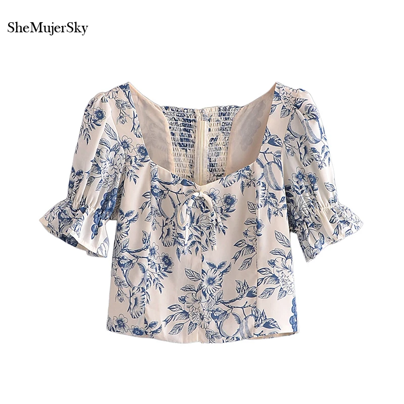 

SheMujerSky Vintage Square Collar Lemon Print Shirts Back Zipper Elastic Cropped Tops 2021 Summer Short Sleeve Blouses