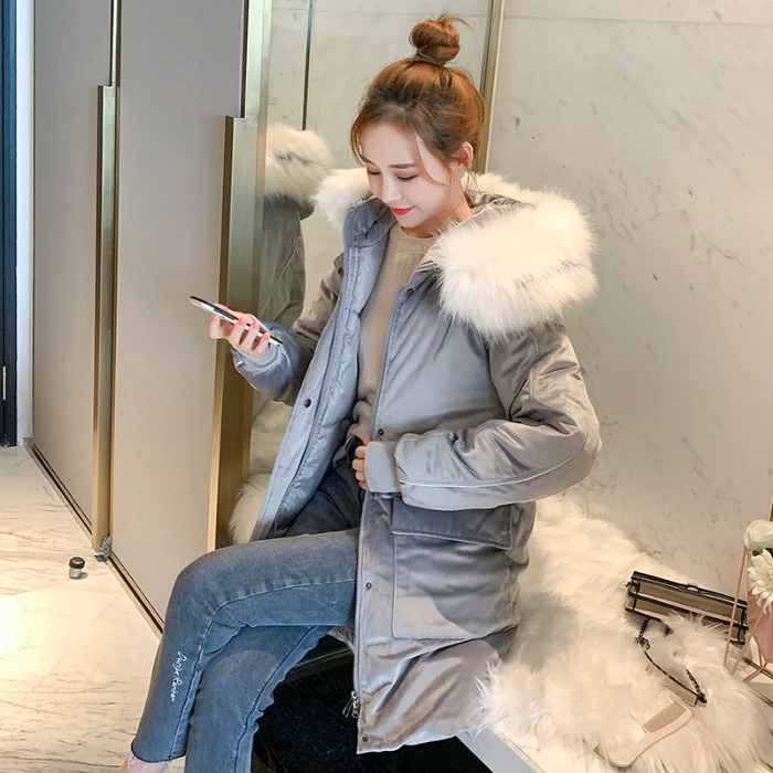 Пальто с большим меховым воротником зима 2019 Новый пуховик золотой бархат Женская