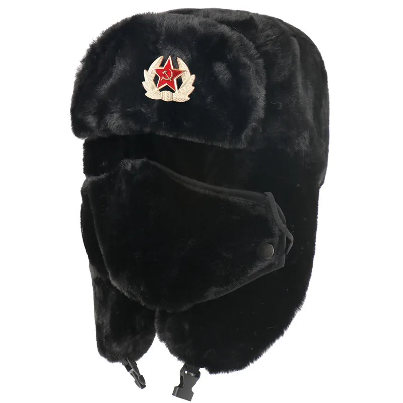 

Men's Warm Soviet Badge Lei Feng Hats Winter Russian Ushanka Bomber Hat Outdoor Plus Velvet Thicken Faux Rabbit Fur Snow Caps