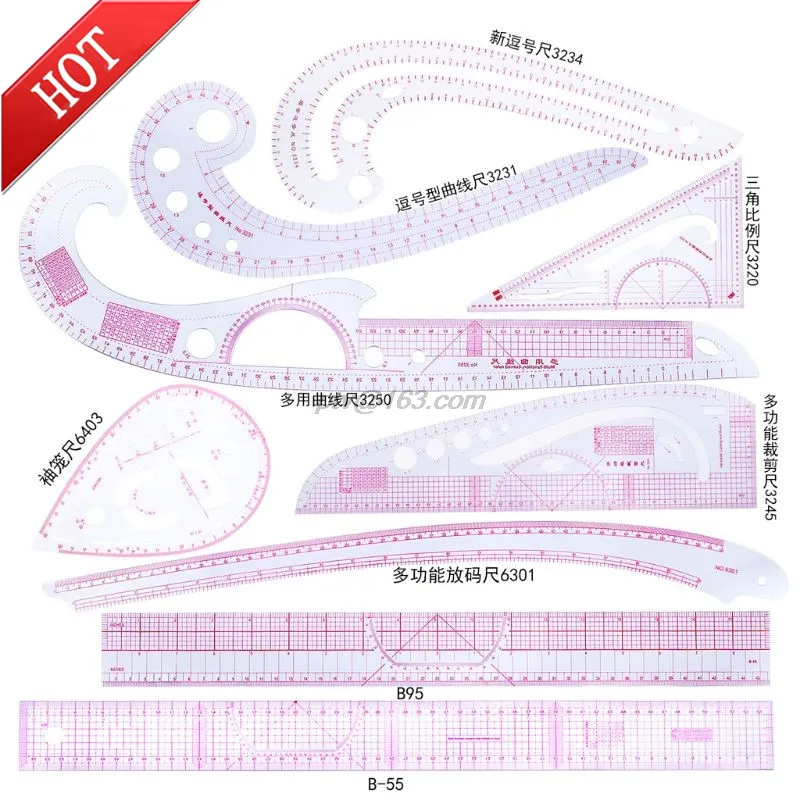 

9pcs Sewing French Curve Ruler Measure Dressmaking Tailor Drawing Template Craft Tool Set costura инструменты