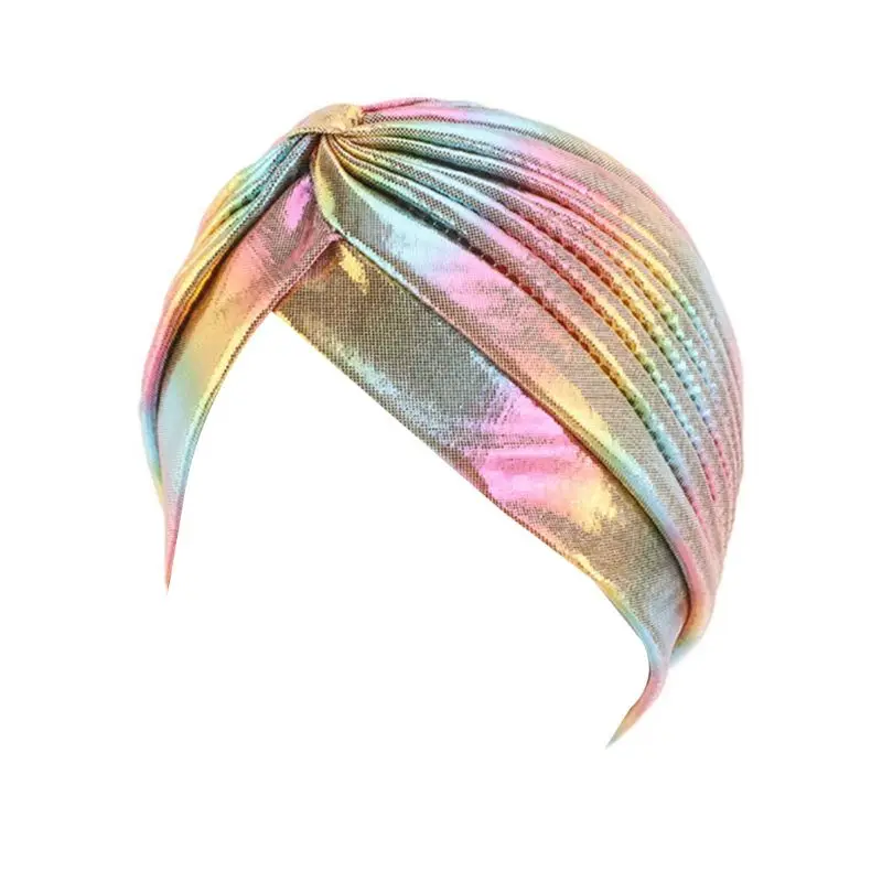 

2020 Women Rainbow Metallic Turban Hat Twisted Pleated Headwrap Glitter Hair Loss Cap 55-60cm 6 Colors