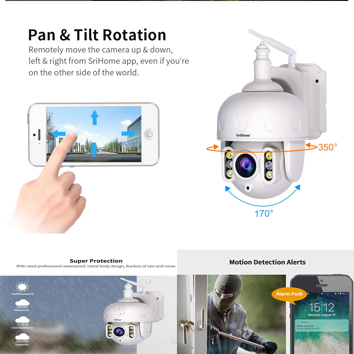 Купить Sricam SH028 3,0 360 МП 5-кратный оптический зум Wi-Fi наружная IP ° 2-сторонняя стандартная Цветовая беспроводная камера видеонаблюдения PTZ