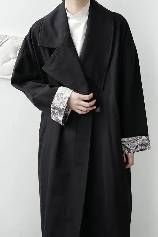 

IEFB /men's wear 2021 new spring male's asymmetrical collar print lining Korean loose trench coat mid-length windbreaker 9Y3947