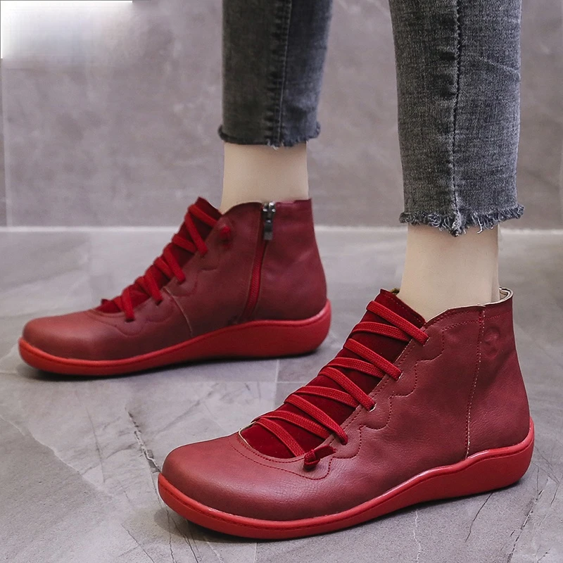 

Women's PU Leather Ankle Boots Women Autumn Winter Cross Strappy Vintage Women Zipper Boots Flat Ladies Shoes Woman Botas Mujer