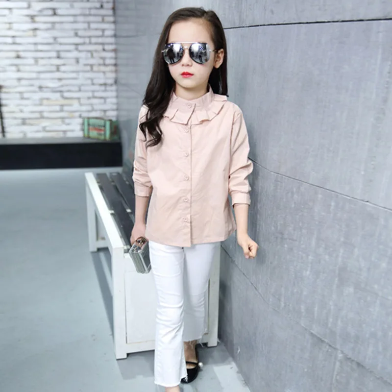Biege Blouse Белая школьная блузка для девочек-подростков; хлопковые однотонные детские блузки и рубашки с рюшами для малышей; детские изысканные Топы; одежда для детей 12-13 лет - Цвет: Biege Blouse