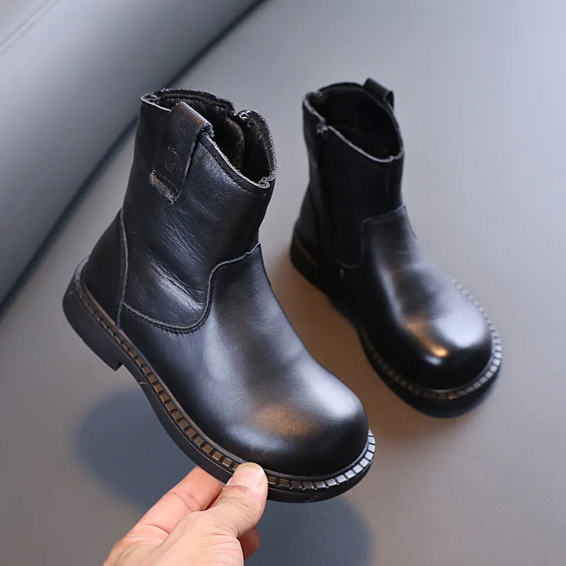 Outono e Inverno Botas de Couro Meninas Casual Couro Genuíno Mid-tube Botas Princesa Preto Crianças Sapatos