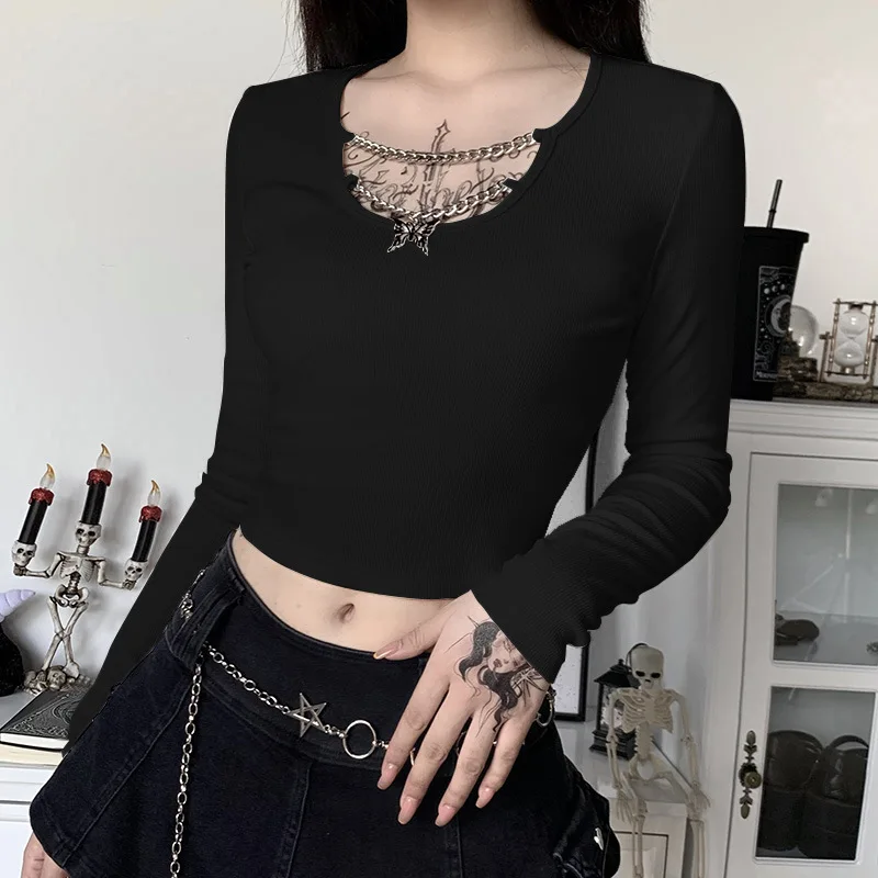 

Gothic T-shirt Punk Bodycon Butterfly Pendant Women T-shirts Knitted Long Sleeve Crop Tops Lady Solid Black White Basic Top