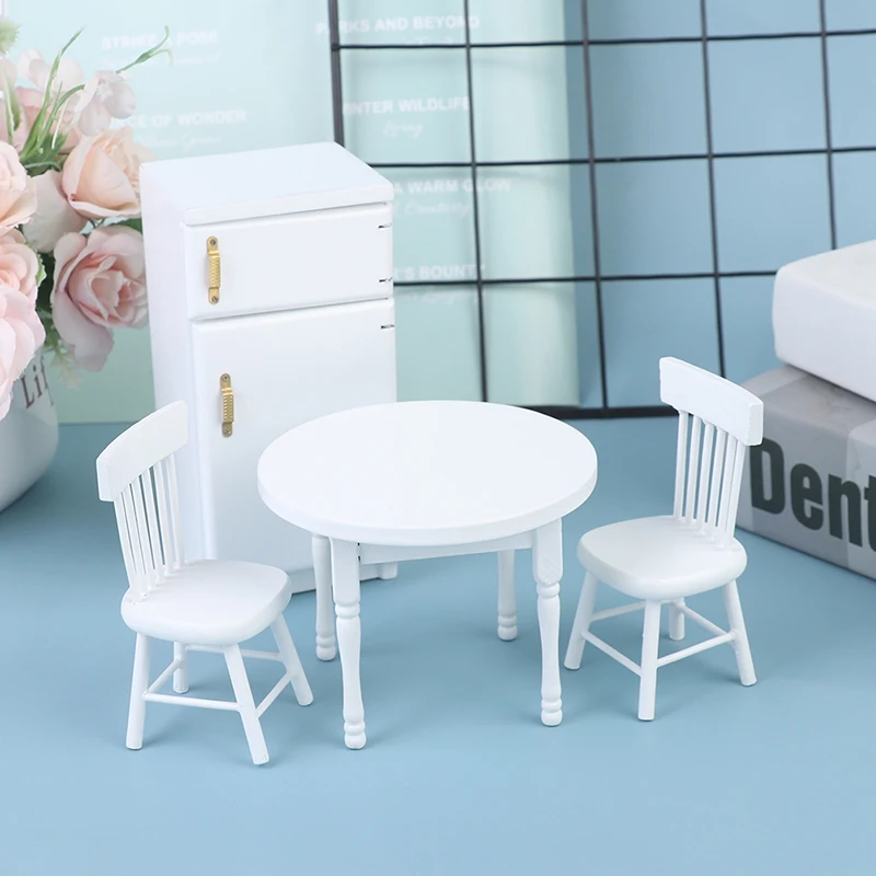 

4Pcs/set 1:12 Dollhouse Miniature Wooden Furniture Refrigerator Table Chairs Dolls House Kitchen Dinning Room Decoration