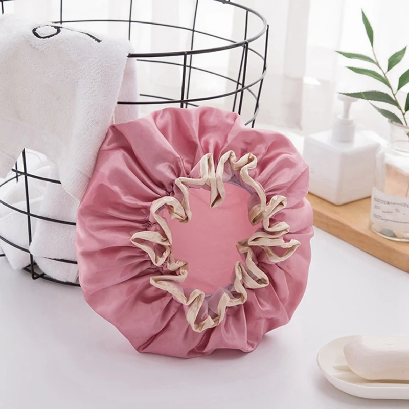 

2PCS Shower Cap Women's Waterproof Hat Bathing Long Hair Bathing Headgear Hair Cover Oil Fume Dry Hair Cap, Pink & Blue