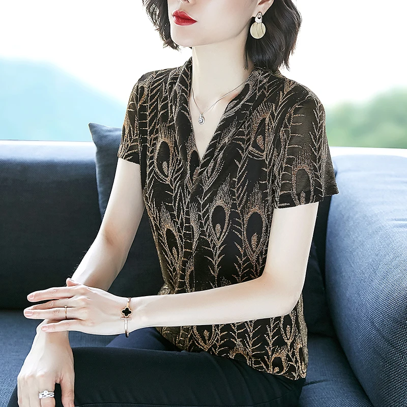 Блузка с коротким рукавом женские блузки вышивкой люрексом и v-образным вырезом