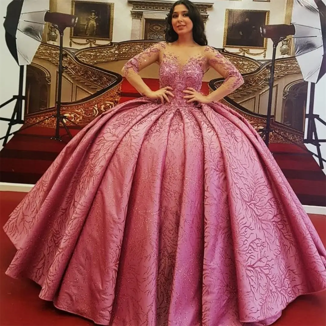 

Stylish Ball Gown Quinceanera Dresses 2022 Sheer Long Sleeve Lace Beading Prom Gowns Lace-up Corset Sweet 15 Party Dress