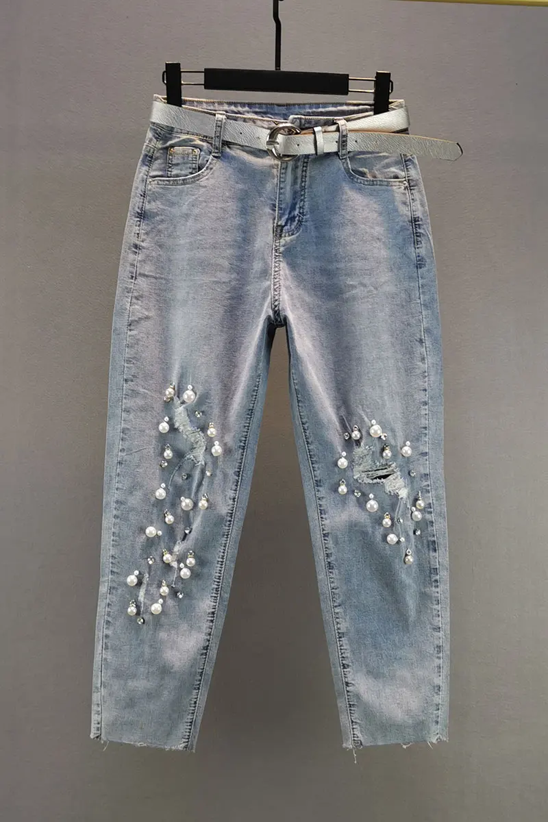 

Pearl Ripped Jeans Women's 2021 Spring Summer New High Waist Loose Cotton Stretch Cropped Pants Street Holes Blue Jeans Pants