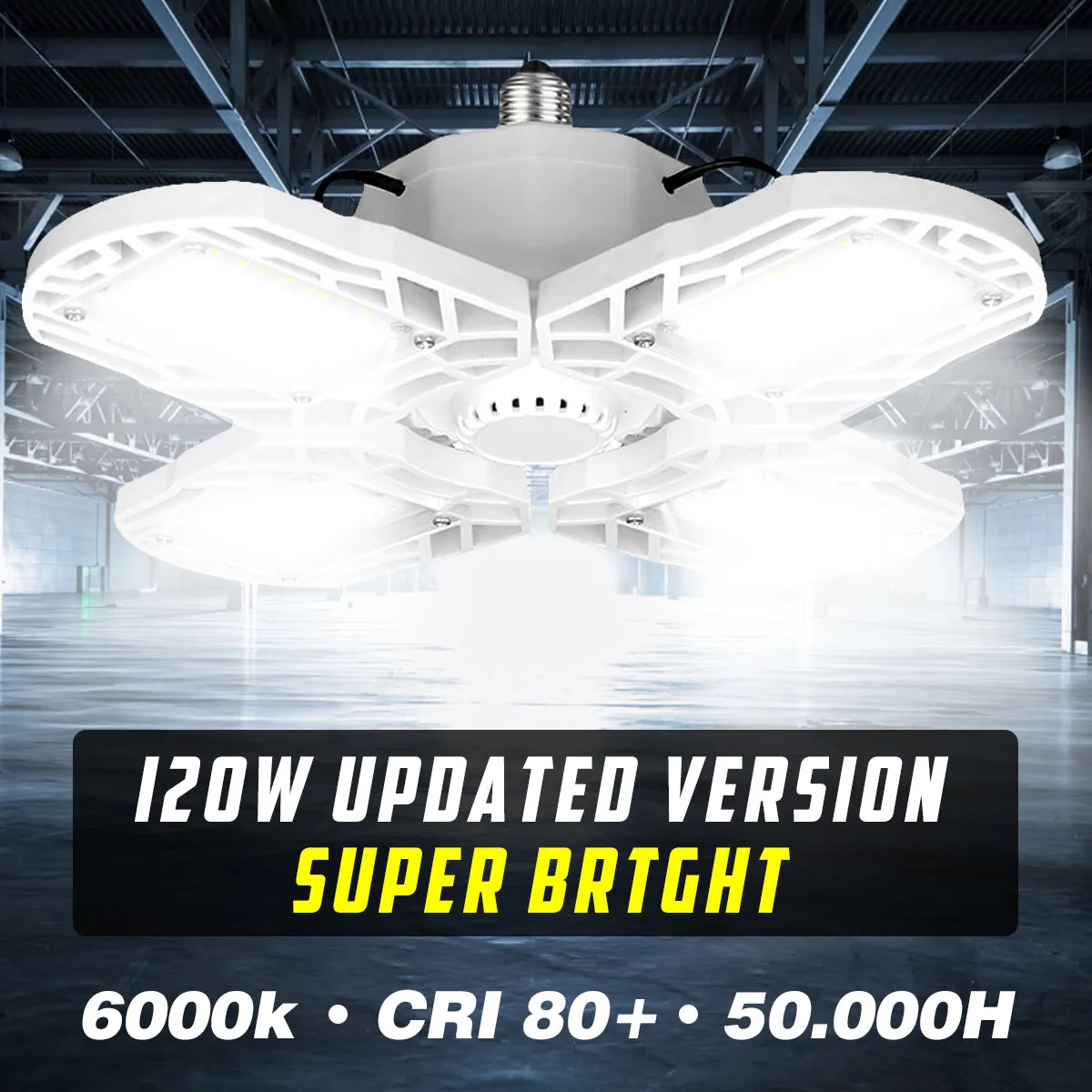 

Smuxi 120W White LED Garage Light Bulb Deformable Ceiling Fixture Foldable Workshop Lamp 6000LM Led High Bay Industrial Lamp