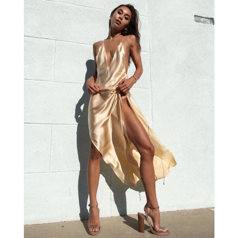 Robe dos nu sans manches à bretelles Spaghetti, tenue de soirée fendue, Maxi, Sexy, tenue de Club, vêtements de plage, vacances