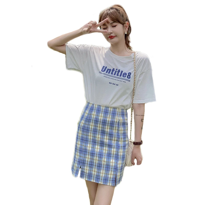 

QRWR Plaid Mini Skirt Women Side Slit Bodycon Bottoms 2020 Summer Autumn Streetwear Casual A Line Basic Ladies Pencil Skirts