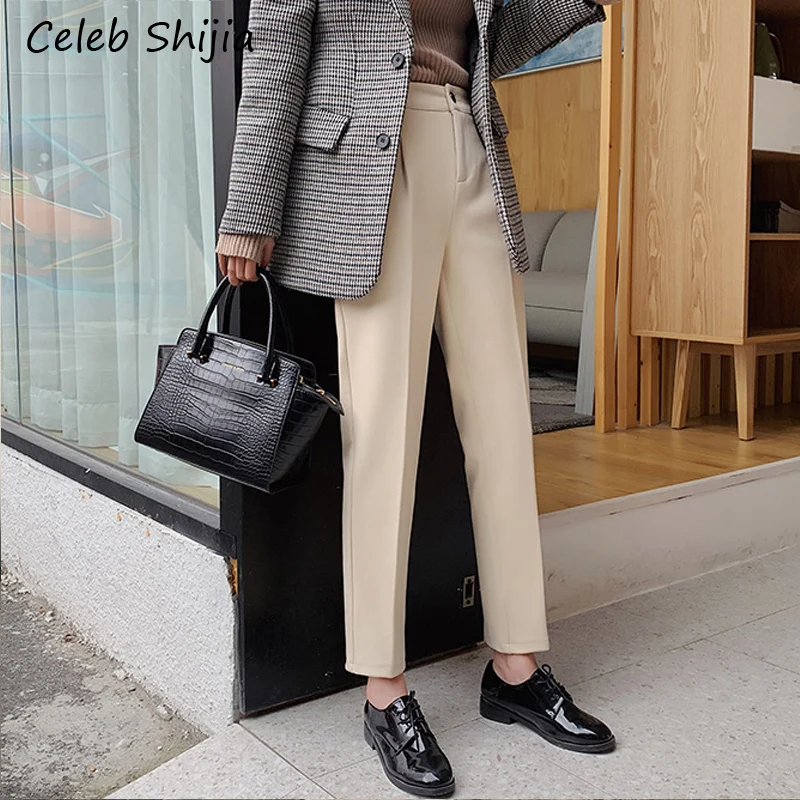 

Chic Woman Woolen Harm Pant Autumn Winter High Waist Khaki Solid Workwear Business Trousers Office Ladies Suit Pants 2021