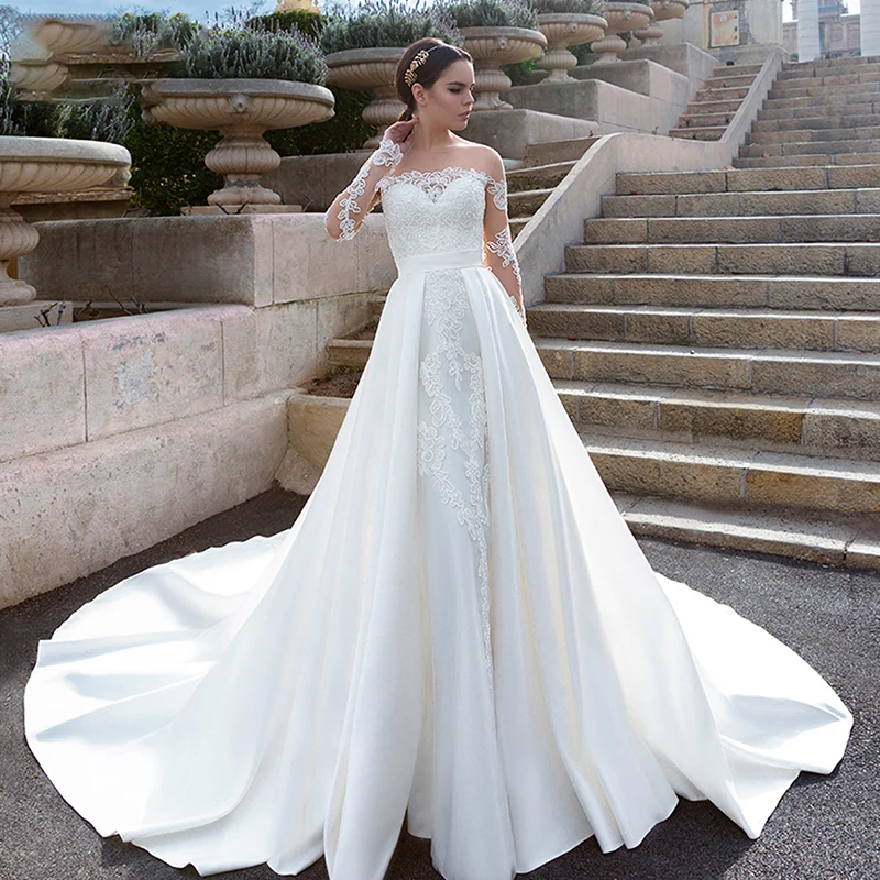 

Luxury Wedding Dress Embroidered Lace On Net Ball Gowns Beading Full Sleeve With Boat Neck Sashes Vestido De Noiva Plus Size