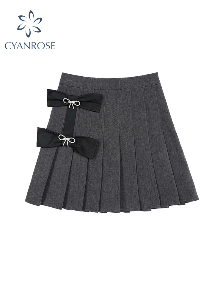 Women's Bow Pleated Skirts Chic Preppy Style A-line Mini Skirt Retro E-girl Fashion Y2K Harajuku Hig