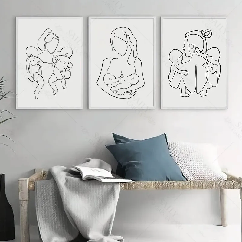 

Family Portrait Mom Two Baby Twins Art Line Drawing Poster Prints Nursery Decorative Picture Abstract Minimalist Canvas Painting