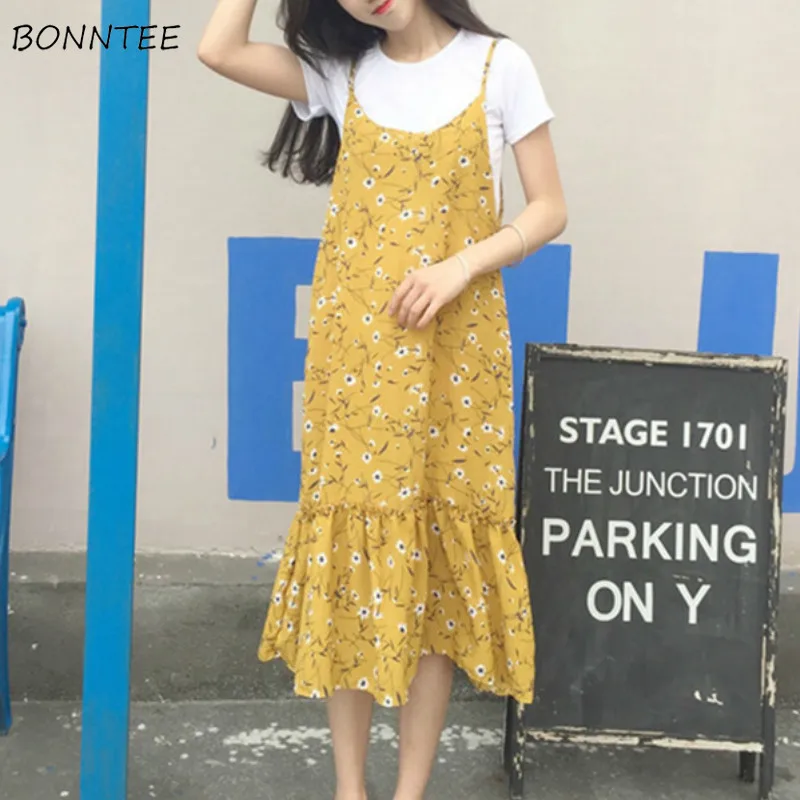 

Платье женское средней длины на бретелях, шикарное Стильное повседневное универсальное элегантное с цветочным принтом и оборками, в Корейс...