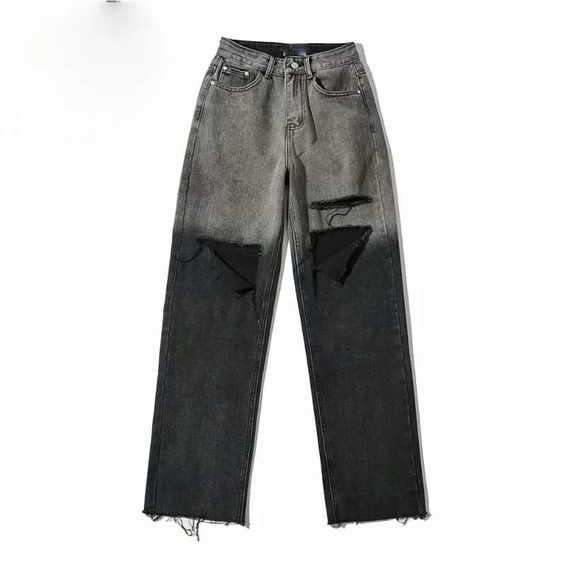 

2021 Spring New Chic Irregular Hole Women Jeans Vintage High Waist Gradient Color Denim Pants Ins Moda Wide Leg Vaqueros