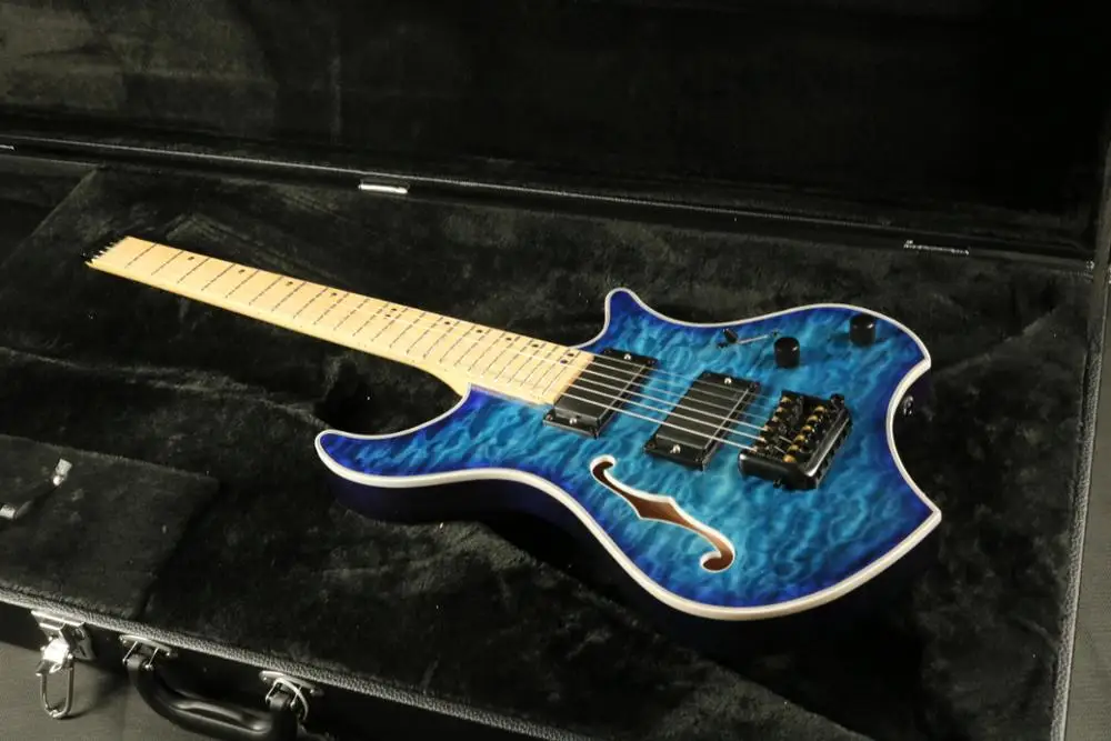 Синяя полуакустическая Дека электрогитара без головки грифа покрытая кленом