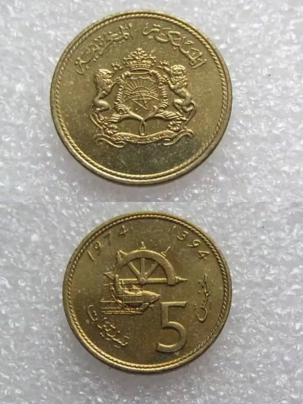 Марокканские монеты 5 SANTIMAT, коллекционные монеты 1974 года, африканские оригинальные монеты, реальные Редкие памятные монеты