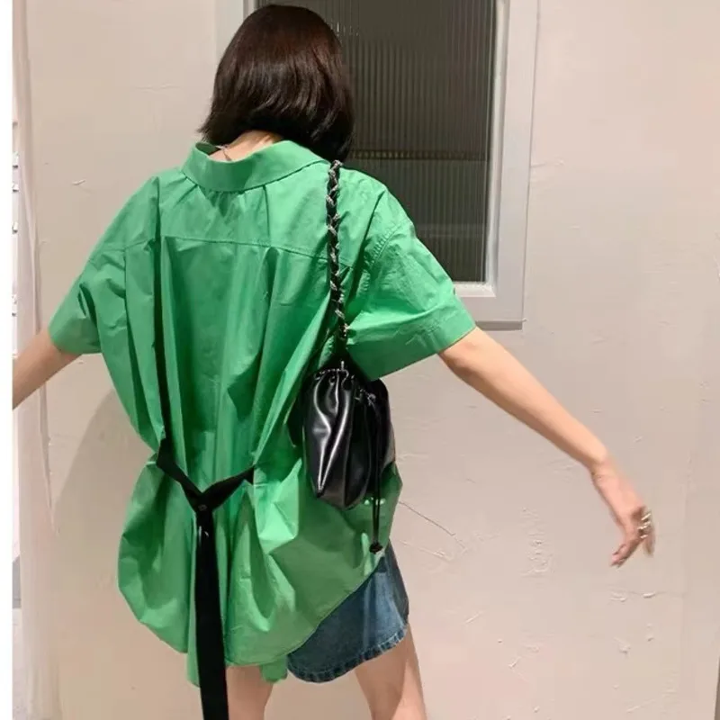 

IEQJ 21 Summer Green All Match Casual New Polo Collar Design Sense Short-sleeved Backlong Belt Shirt Cotton Loose Women 3F0654