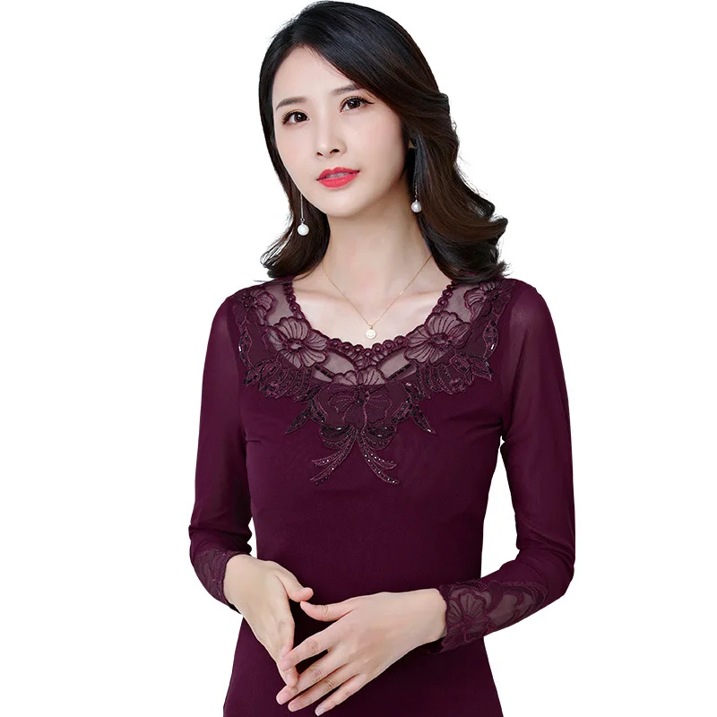 

2020 Autumn New Mesh Women's Bottoming Shirt Long Sleeve Lace Korean-Style Round Neck Embroidered Gauze T-shirt Women's Shirt